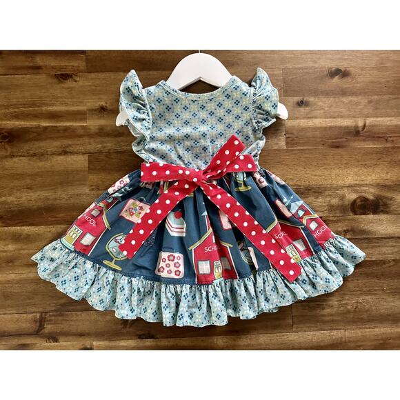 Eleanor Rose School Days Blue Red Sleeveless Ruffle Mixed Print Rhonda Dress 12M - Picture 8 of 8